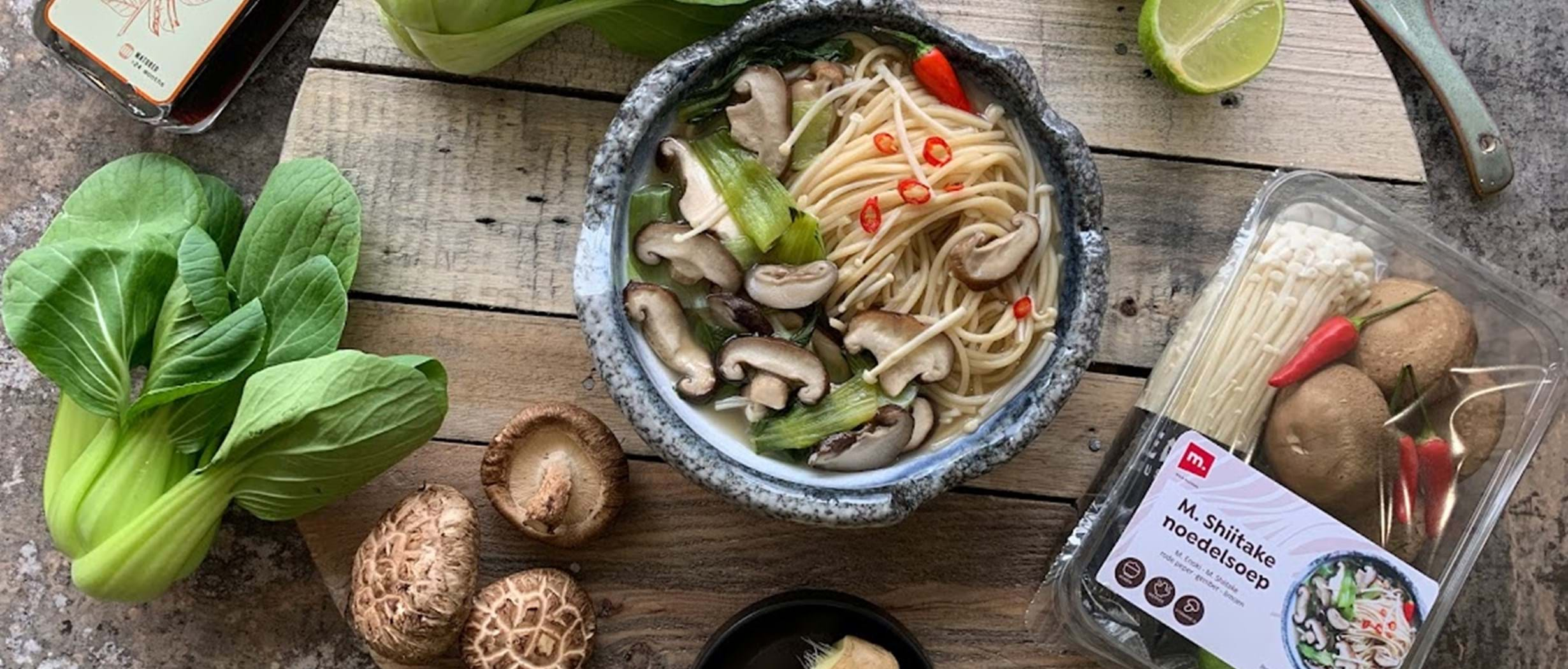 Noodle soup with Enoki, Shiitake and mini Shanghai (Bok Choi)