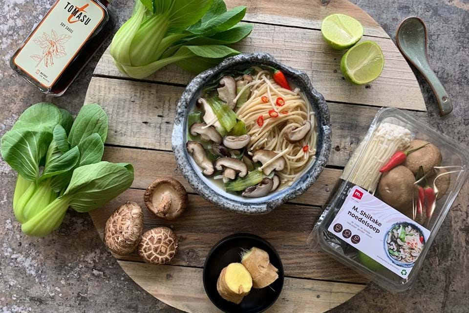 Noodle soup with Enoki, Shiitake and mini Shanghai (Bok Choi)